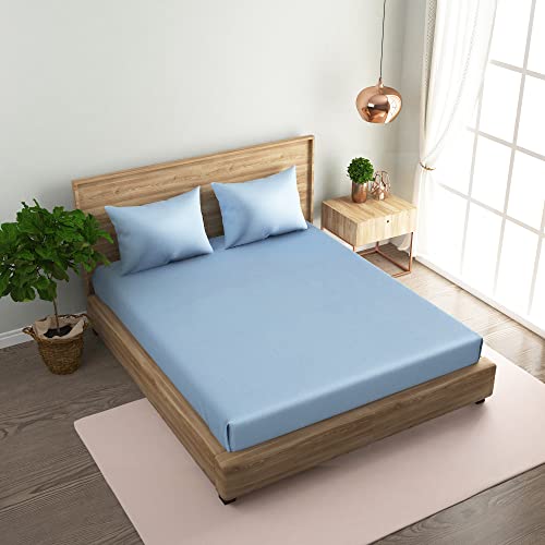Image of Naksh Coastal Retreat Collection King Size Bedsheet Cotton Elastic Fitted 78 x 72 Inch, 210 TC Plain Pure Cotton, Sky Blue | 1 King Size Bedsheet with Elastic Fitted and 2 Pillow Covers