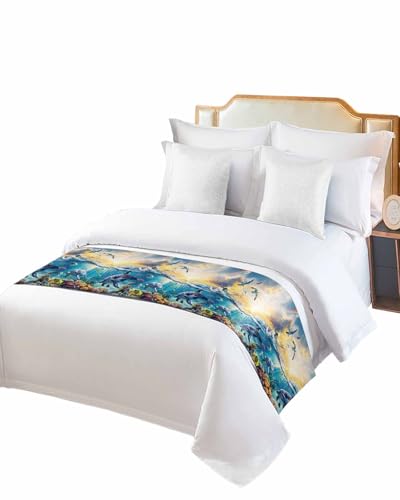 Bed Runner for Cal.King Size, Blue Ocean Turtle Decorative Scarf Throws for Foot of Bed, Dolphins Animals Coral Orange Sunlight Luxury Bedding Protector Slipcover Beds Runners for Hotel, 102 x 20 Inch