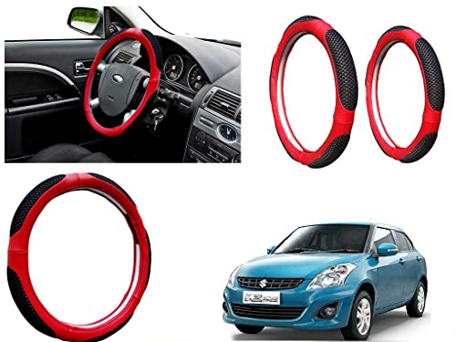 Image of Microfiber Car Steering Wheel Cover, Soft Padding Great Hand Feel, Anti-Slip, Faux Leather Steering Cover for Maruti Suzuki Swift Dzire Type2 | Black Red Jali - Pack of 1