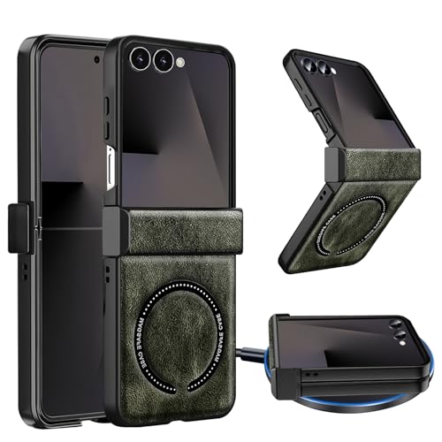 Coque Galaxy Z Flip 7 Vert en cuir PU avec protection charnière et MagSafe