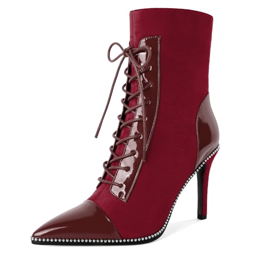 SAMMITOP Women's Lace Up Ankle Boots High Stiletto Heel Pointy Toe Fashion Heeled Booties Silver Beaded Side Zipper Short Boots Shoes 4 Inch