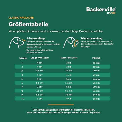 Baskerville Classic Maulkorb - Gestattet Hecheln und Trinken, verhindert Beißen und Stöbern nach Essen, passend für Hunde mit langen Nasen, Trainingsmaulkorb für mittelgroße Hunde (Größe 6)