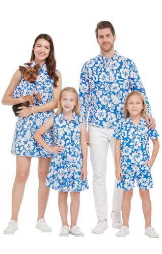 Image of Hawaii Hangover Family Matching Clothes, Classic Vintage Hibiscus Blue | Family matching Hawaiian outfits, Classic Vintage Hibiscus Blue, 100% cotton, machine washable, tropical floral print, luaus