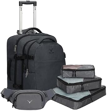 Hynes Eagle 2 in 1 Travel Backpack 22 inches Carry on Luggage 63L Rolling Backpack for Men Women with Packing Cubes 3PCS Set Grey Waist Pack Grey