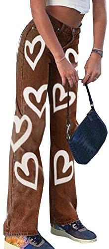 Jeans con estampado de corazón para mujer, pierna ancha, cintura ...
