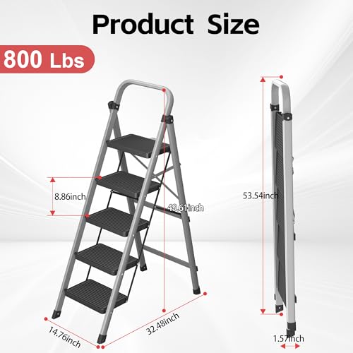 DIAMONDFORGE 5-Step Foldable Step Ladder Stool with Handle, Anti-Slip Wide Pedals & Feet, 800lbs Capacity, Sturdy Stepstool Folding for Adults in Home & Kitchen Use - Silver Gray by DIAMONDFORGE - Used condition - Image 6