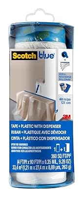 ScotchBlue Pre Plastic Painters Tape with Bladed Dispenser, 48 in x 30yd, Tape & Masking Film Combined in One Product, Static Cling to Stay in One Place, No Residue Masking Tape (PTD2093EL-48-S)