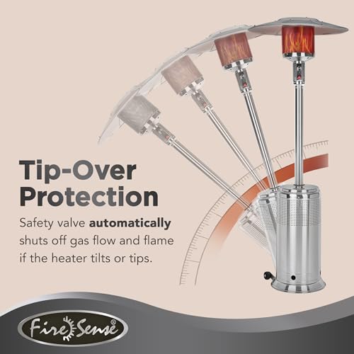 Fire Sense 61436 Pro Series Patio Heater with Wheels 50,000 BTU Output Electronic Ignition System Portable Outdoor Propane Heater - Stainless Steel
