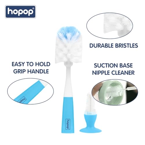 Image of Hopop 2-in-1 Baby Feeding Bottle Cleaning Brush: Durable, Flexible Bristles & Nipple Cleaner, Comfortable Grip, Suction Base for Organized Kitchen - Blue