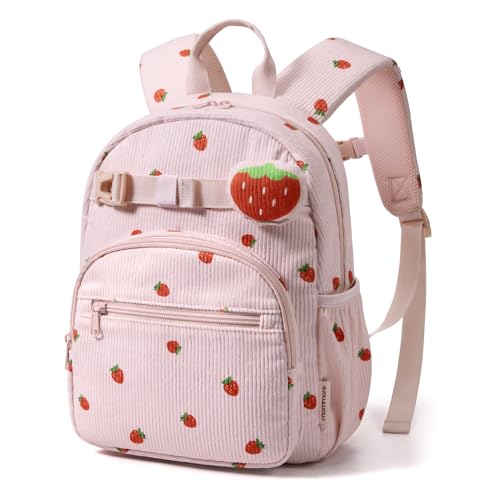 mommore Toddler Backpack for Girls 2-4, Corduroy Girls Backpack Kids Bookbag for School, 13" H Cute Preschool Kindergarten Daypack - Strawberry