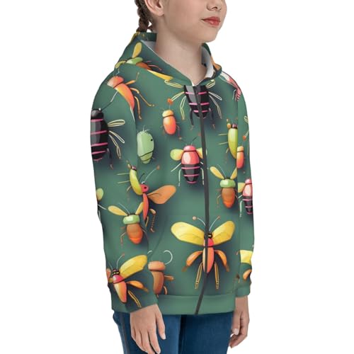 Insect Atlas Print Girls Athletic Zip Up Hoodies,Sweatshirts with Pockets Long Sleeve Hooded Jackets, for 7-18 Y3