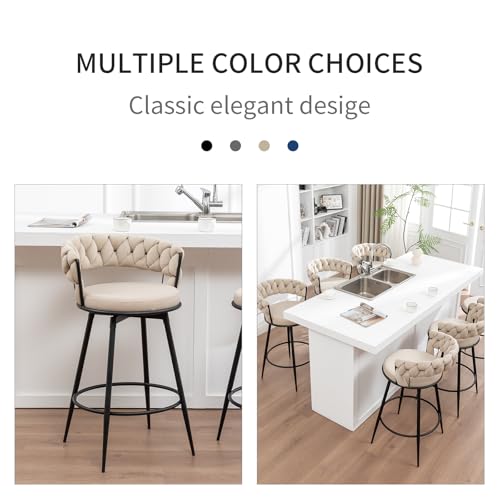 Image of Swivel Bar Stools Set of 4, Modern Barstools with Woven Back, Velvet Counter Height Bar Stools for Kitchen Island, Cafe, Pub, Beige