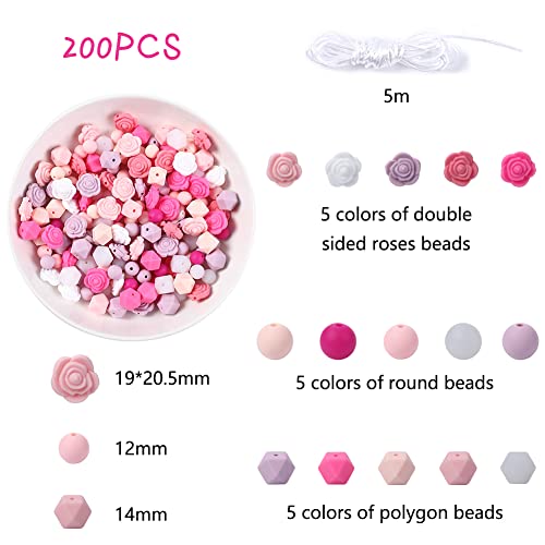 200pcs DIY Silicone Beads for Keychain Making Kit Pink Suit with 5M Rope Necklace Bracelet Jewelry Silicone Accessories Include 100Pcs Round 12mm Silicone Beads and 100Pcs Polygonal and Rose Beads