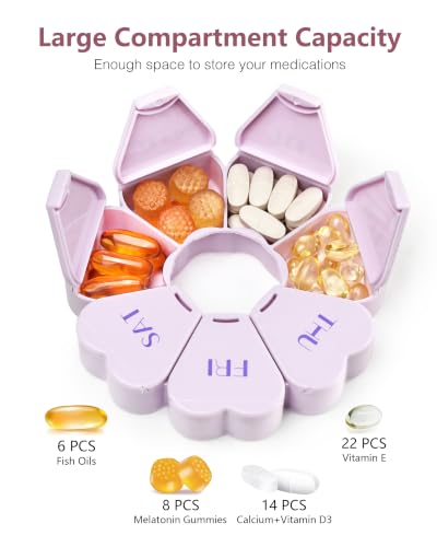 Image of MOLN HYMY Large Weekly Pill Box 7 Day, Cute Pill Case Organizer 1 time a Day, Floral Pill Container Once Daily, Pretty Medicine Dispenser for Vitamin /Fish Oil /Medication /Supplements (Purple)