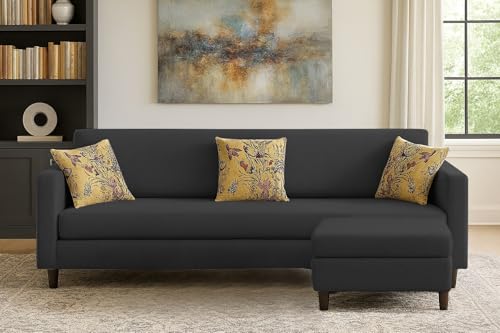 Image of Casaliving Premium Lifestyle Fabric 5 Seater L Shape Sofa Set 4 Seater Modern Sofa Set & Ottoman for Living Room (Black Color)