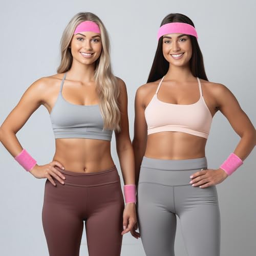 Image of 24 Pieces 80s Neon Sweatbands Set, Include 8 Sports Headbands and 16 Sweat Wristbands Elastic Athletic Tennis Sweat Bands Bulk for Man Woman