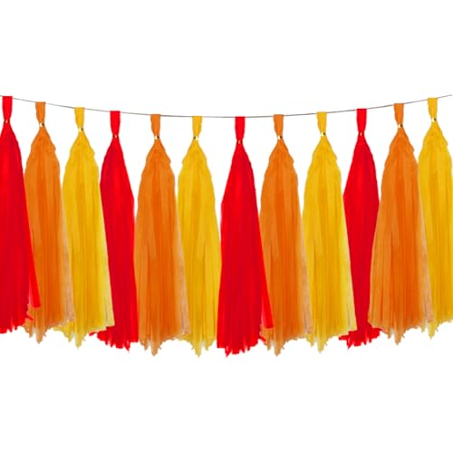 Orange and Yellow and Red Tassel Garland Paper Tissue Tassels Garland for Party Decorations, Pack of 15
