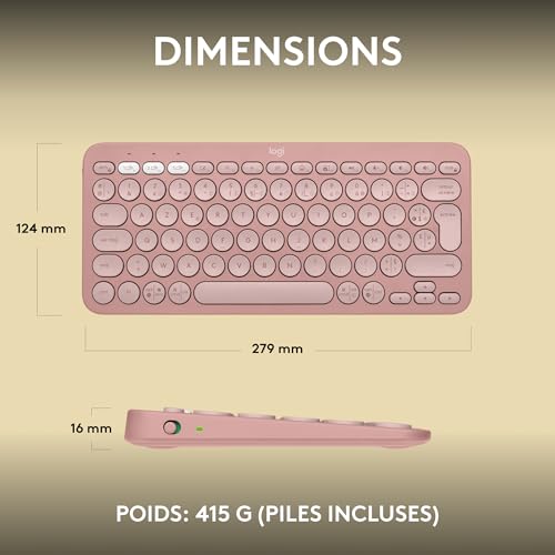 Logitech Pebble Keys 2 K380s clavier sans fil Bluetooth multidispositif, raccourcis personnalisables, fin et portable, Easy-Switch pour Windows, macOS, iPadOS, Android, ChromeOS, FR AZERTY, Rose
