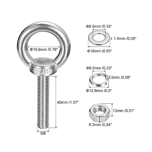 Image of uxcell Lifting Eye Bolt, 2 Sets M8x40mm Eye Bolt with Nut Washer 304 Stainless Steel Shoulder Lifting Ring Eye Bolt for Hanging Item