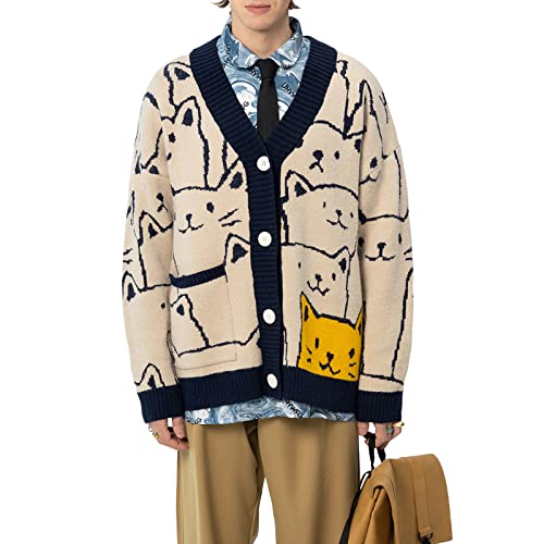 Vamtac Men's Button Down Long Sleeve Open Front Sweater Graphic Print Knit Cardigan Sweaters Loose Unisex Streetwear Outwear #TOP17