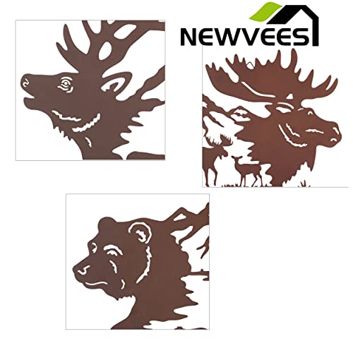 Newvees Large 14 Inch Deer Bear Moose Rustic Cabin Wall Art Decor Brown, Hunting Decor, Deer Bear Moose Decorations For Home, Wildlife Decor With Forest Mountain Pine Tree,Cabin Bathroom Decor, Lodge Decor Set Of 3 #TOP5