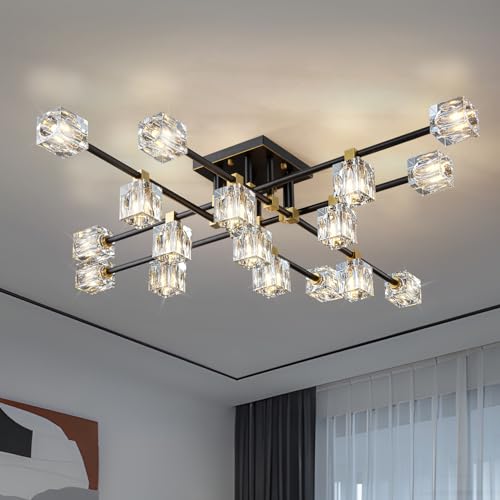 OKES Crystal Sputnik Ceiling Light Fixture,Modern Luxury Black and Gold Chandeliers with 17-Light,Semi Flush Mount Ceiling Light Fixture for Dining Room,Living Room,Kitchen Island,Bedroom. by OKES - Used condition - US$251.99