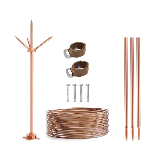 Lightning Rod with 60 Feet 6AWG Down Conductor and 5/8 Grounding Rod and Clamp UL Listed for House Roof Bungalow Tin House Farm