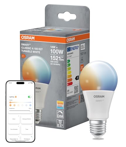 OSRAM Lámpara LED SMART+, A100, 14 W, 2700–6500 K, E27, con forma de bombilla, Tunable White, regulable, controlable mediante aplicación o voz, compatible con Matter