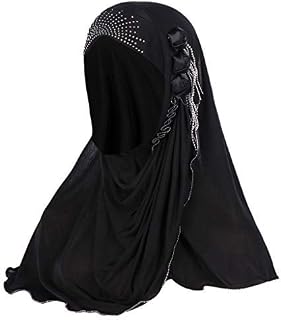 Women's Headbanda Muslim Islamic Solid Crystal Hem Flower Hijab Cap Head Scarf Shawl