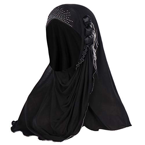 Women's Headbanda Muslim Islamic Solid Crystal Hem Flower Hijab Cap Head Scarf Shawl