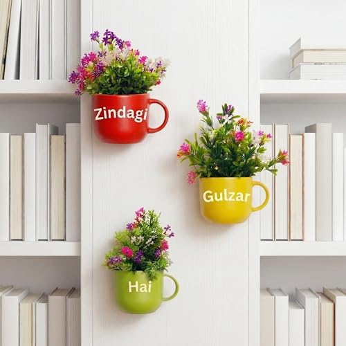 Image of Dekorly Wall Hanging Mug Planters with Artificial Flowers (20CM) - Decorative Hanging Cups, Colorful Floral Wall Decor for Living Room Bedroom Balcony Office Gift Set (3, Zindagi Gulzar Hai)