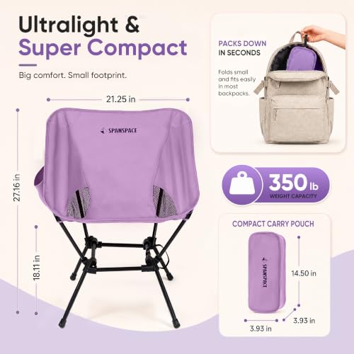 Spanspace Violet Ultralight Camping Chair for Adults, 350 lb Load Capacity - Image 2