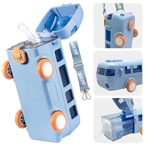 Image of PLUSPOINT Bus Shape Water Bottle for Kids Detachable Straw with Shoulder Strap Leak-Proof Cartoon Water Bottle with Wheels (Color-Blue), Silicone, 500 ML