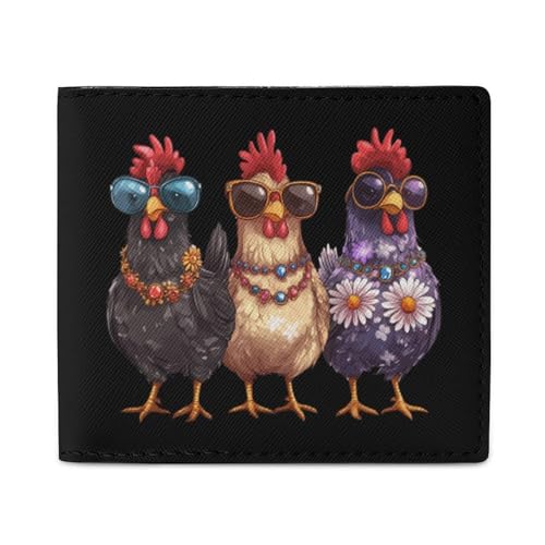 Three Hens Rooster Glasses Coin Purse PU Leather Bifold Wallet Small Change Purse Pouch Front Pocket Wallets
