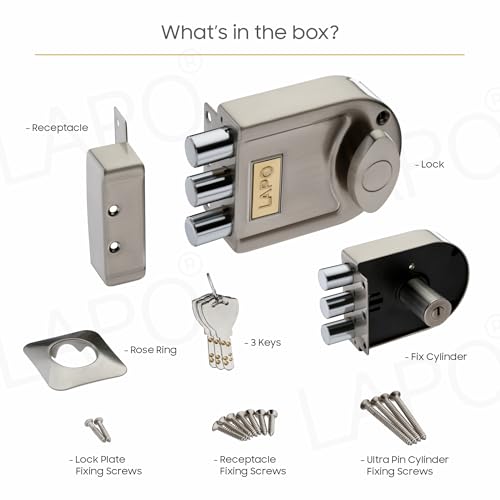 Image of LAPO Main Door Tri-Bolt Deadbolt Lock, Premium Satin Matt Finish,Heavy Duty Wooden Door Lock with Fixed Cylinder&4 Brass Keys,Suitable for Inside&Outside Opening,High Security for Home,Office & Hotel