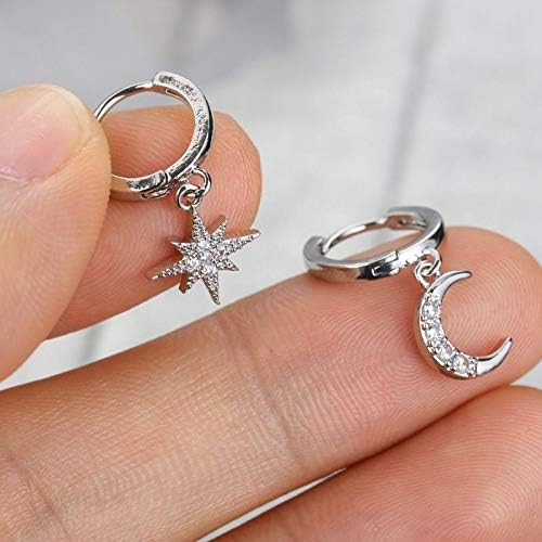 Small Dangle Hoop Earrings, Cute Star Moon Gold/Silver Mini Huggie Hoop Earrings with Charm for Women Ear Piercing Simple Jewelry Gift for Birthday Valentine's Day and Mother's Day