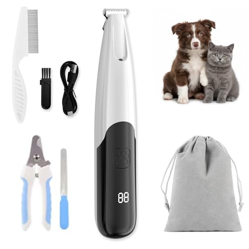 Image of Pets&Kins Dog Paw Hair Trimmer with LED Light for Dogs & Cats | Ultra Quiet Pet Grooming Clipper | 2 Speed Precision Pet Paw Hair Trimmer | USB-C Rechargeable Dog Grooming Kit with Flea Comb, Nail Clipper & Nail File | Black & White