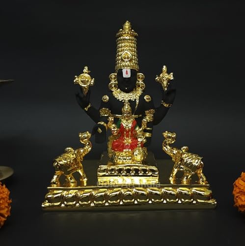 Image of Gold Art India Idol Tirupati Balaji Gajalakshmi |Gold Plated Venkateswara Swamy Gold Plated Statue with Elephant for House Warming Puja Room Gifting Home & Office Decor Showpiece (6 inch,580gm)