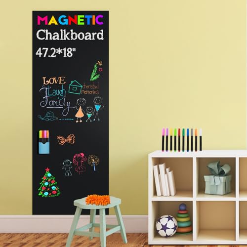 Pizarra Magnética Negra Autoadhesiva 120x45 cm con 12 Marcadores Líquidos, Soporte Magnético para Marcadores y Paño de Limpieza – Creatividad, Aprendizaje y Organización para Niños y Hogar