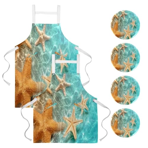 Lot de 2 tabliers de cuisine multicolores motif étoile de mer pour restaurant