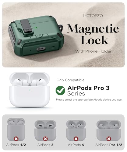 Image of for AirPods Pro 3 Case with Lock (Light Green) | Compatible with MagSafe,with Phone Stand,with Automatic Snap Switch Carbon Fiber Design Protection Cover with Cleaning Pen