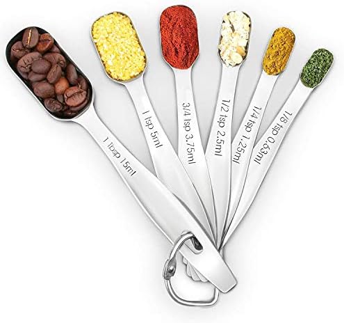 1Easylife 18/8 Stainless Steel Metal Measuring Spoons, Ergonomic Set of 6 for Dry and Liquid Ingredients, Narrow Shape Easily Fits in Spice Jars
