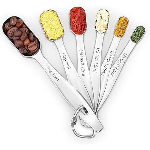 1Easylife 18/8 Stainless Steel Metal Measuring Spoons, Ergonomic Set of 6 for Dry and Liquid Ingredients, Narrow Shape Easily Fits in Spice Jars Cover