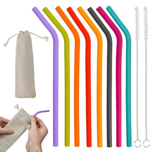 UHETLET 16PCS Pajitas de Silicona Reutilizables, Pajitas de Silicona sin BPA, Cañitas Reutilizables con 2 Cepillos de Limpieza y Bolsa, Paja para Zumo, Cócteles, Leche y Café en Casa, Fiestas o Viajes