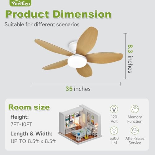 Image of Ceiling Fans with Lights - 35 Inch Small Low Profile Ceiling Fan and Remote,Flush Mount Ceiling Fan with 5 Reversible Blades 6 Wind Speeds, White&Wood Modern Ceiling Fans for Bedroom Kitchen