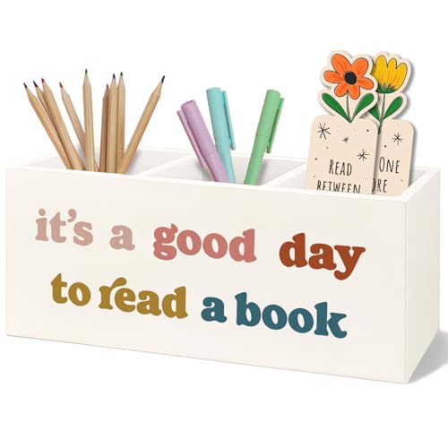 Yhtrg Bookmark Holder Decor Wooden Pen Pencil Holder for Desk Book Club Gifts Its a Good Day to Read a Book Wood Makeup Brush Toothbrush Organizer for Reading Corner Room Library