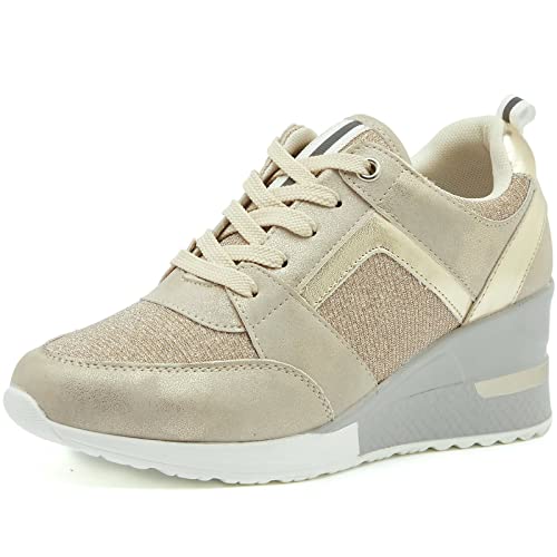 Viscozzy High Heel Wedge Sneakers for Women - Gold Lace Up Casual High Heel Shoes Walking Shoes Hidden Sneakers SZW11-GOLD1-8.5