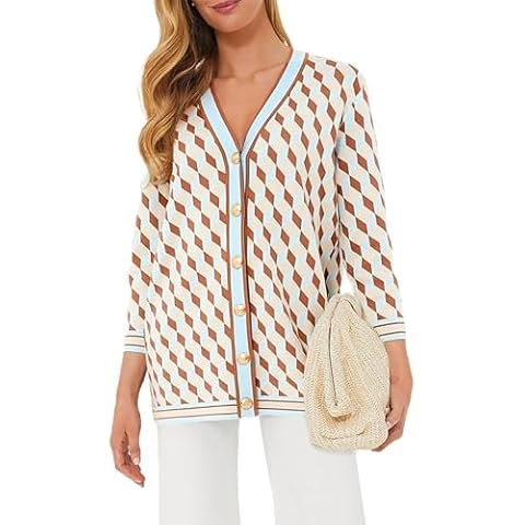 Kedera Open Front Cardigan Sweater for Women Trendy Lightweight Casual 3/4 Sleeve Plaid Sweater Checkered Fall Outfits Cover