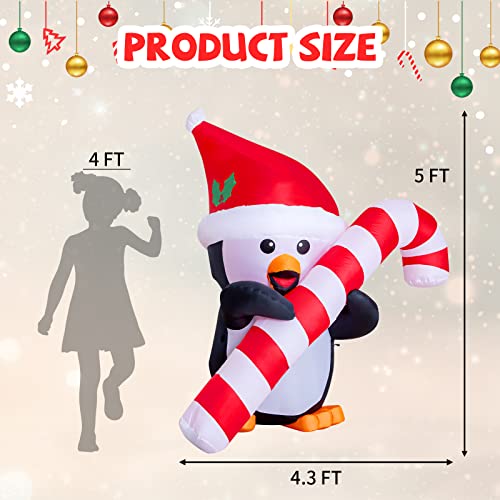 Goosh 5 Ft Height Christmas Inflatables Outdoor Penguin With Cane, Blow Up Yard Decoration Clearance With Led Lights Built-In For Holiday/Christmas/Party/Yard/Garden #TOP5