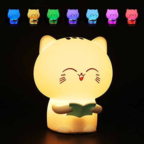 Gato Luz Nocturna Infantil, 7 Color Lampara Luz Quitamiedos Infantil para Niñas, Lámpara portátil Silicona Luz Bebe Nocturna, Recargable Luz de Noche para Niños, Regalo Bebe Recien Nacido Niño